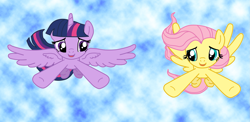 Size: 2101x1027 | Tagged: safe, artist:majkashinoda626, derpibooru import, fluttershy, twilight sparkle, twilight sparkle (alicorn), alicorn, pegasus, pony, female, flying, lesbian, mare, shipping, sky, twishy