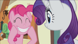 Size: 853x480 | Tagged: safe, screencap, pinkie pie, rarity, earth pony, pony, unicorn, the gift of the maud pie, animated, grin, happy, smiling