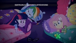 Size: 1589x899 | Tagged: safe, derpibooru import, screencap, fluttershy, pinkie pie, rainbow dash, sci-twi, twilight sparkle, better together, equestria girls, sunset's backstage pass!, sleeping, sleeping bag