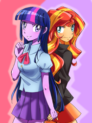 Size: 1080x1440 | Tagged: safe, artist:tastyrainbow, sunset shimmer, twilight sparkle, equestria girls, bow, clothes, female, holding hands, jacket, lesbian, shipping, skirt, smiley face, sunsetsparkle