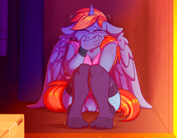 Size: 2000x1550 | Tagged: safe, alternate version, artist:kinky-spy, oc, oc only, oc:dusking sky, alicorn, anthro, plantigrade anthro, alicorn oc, blushing, clothes, eyes closed, hand over mouth, sitting, socks, solo, teary eyes, thigh highs