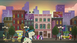 Size: 1920x1080 | Tagged: safe, screencap, blueberry curls, bubblegum blossom, joan pommelway, luckette, lucky breaks, maud pie, pegasus olsen, pinkie pie, rarity, earth pony, pony, unicorn, the gift of the maud pie, architecture, background pony, building, carriage, delegate 2, discovery family logo, female, male, manehattan, mare, peggy holstein, saddle row, stallion, taxi, taxi pony, umbrella, unnamed pony