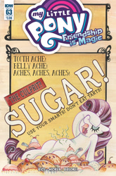 Size: 1341x2035 | Tagged: safe, artist:sararichard, idw, rarity, pony, unicorn, spoiler:comic, spoiler:comic63, belly, cake, comic cover, cover, eyes closed, female, food, mare, pie, preview, stomach ache, stomach noise