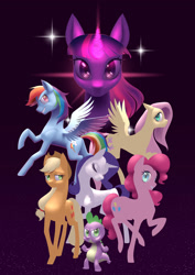 Size: 2059x2912 | Tagged: safe, artist:graphic-ginger, derpibooru import, applejack, fluttershy, pinkie pie, rainbow dash, rarity, spike, twilight sparkle, dragon, earth pony, pegasus, pony, unicorn, cutie mark, eyes closed, female, floppy ears, flying, glowing horn, gradient background, grin, horn, looking at you, male, mane seven, mane six, mare, print, raised hoof, smiling, wip