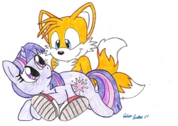 Size: 920x656 | Tagged: safe, artist:silversimba01, derpibooru import, twilight sparkle, crossover, eye contact, miles "tails" prower, smiling, sonic the hedgehog (series), traditional art