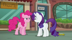 Size: 852x479 | Tagged: safe, screencap, pinkie pie, rarity, earth pony, pony, unicorn, the gift of the maud pie, discovery family logo