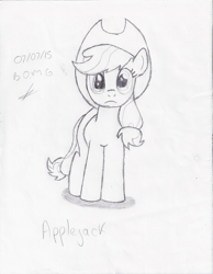 Size: 1700x2188 | Tagged: safe, artist:darkpsychomessiah, applejack, earth pony, pony, monochrome, scan, solo, traditional art