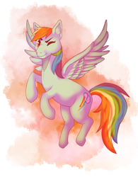 Size: 1186x1520 | Tagged: safe, artist:roe-re-oodles, derpibooru import, rainbow dash, pegasus, pony, cloud, flying, one eye closed, simple background, smiling, solo, transparent background, wink