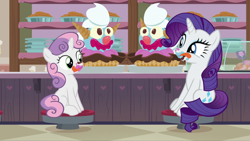 Size: 2208x1242 | Tagged: safe, edit, edited screencap, screencap, rarity, sweetie belle, pony, unicorn, forever filly, bakery, candy, clown surprise, duo, female, food, ice cream, licking, licking lips, pie, sisters, sundae, sweets, tongue out
