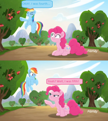 Size: 1366x1534 | Tagged: safe, derpibooru import, edit, edited screencap, screencap, pinkie pie, rainbow dash, earth pony, pegasus, pony, rainbow roadtrip, apple tree, comic, dialogue, discovery family logo, outdoors, screencap comic, speech bubble, tree