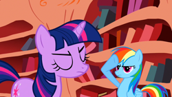 Size: 1280x720 | Tagged: safe, derpibooru import, screencap, rainbow dash, twilight sparkle, unicorn twilight, pegasus, pony, unicorn, dragonshy, golden oaks library