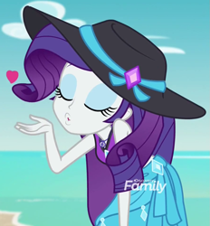 Size: 889x959 | Tagged: safe, screencap, rarity, better together, equestria girls, forgotten friendship, beautiful, blowing a kiss, clothes, cropped, discovery family logo, eyes closed, hat, sarong, sexy, solo, sun hat, swimsuit