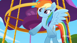 Size: 1366x768 | Tagged: safe, derpibooru import, screencap, rainbow dash, pegasus, pony, rainbow roadtrip, discovery family logo, hot air balloon, solo