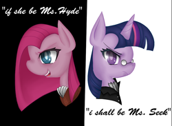 Size: 1142x836 | Tagged: safe, artist:drhikari, derpibooru import, pinkie pie, twilight sparkle, earth pony, pony, dr jekyll and mr hyde, glasses, pinkamena diane pie