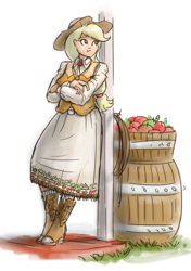 Size: 814x1157 | Tagged: safe, artist:king-kakapo, applejack, human, apple, barrel, boots, clothes, humanized, sketch, skirt, solo, vest