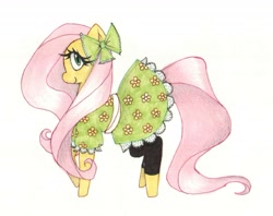 Size: 1545x1221 | Tagged: safe, artist:depressedcomedian, fluttershy, pegasus, pony, clothes, dress, hair bow, leggings, solo, traditional art