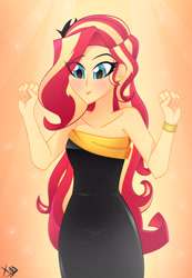 Size: 2261x3264 | Tagged: safe, artist:xan-gelx, sunset shimmer, equestria girls, alternate hairstyle, bare shoulders, black dress, blushing, bracelet, clothes, cute, dress, ear piercing, eye clipping through hair, eyebrows visible through hair, eyelashes, female, gradient background, high res, jewelry, lips, lipstick, little black dress, piercing, shimmerbetes, signature, sleeveless, solo, strapless