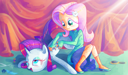 Size: 1920x1136 | Tagged: safe, artist:halem1991, fluttershy, rarity, equestria girls, clothes, cute, duo, halem1991 is trying to murder us, open mouth, raribetes, scratching, shoes, shyabetes, signature, sitting, skirt, socks, sweater, sweatershy