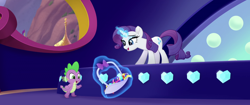 Size: 1920x804 | Tagged: safe, screencap, rarity, spike, dragon, pony, unicorn, my little pony: the movie, basket, bow, gem, glowing horn, happy, magic, magic aura, telekinesis, we got this together