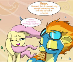 Size: 1024x868 | Tagged: safe, artist:doublewbrothers, derpibooru import, fluttershy, spitfire, pegasus, pony, hurricane fluttershy, comic, cropped, duo, eating, food, lidded eyes, one eye closed, pie, speech bubble, wind, windswept mane