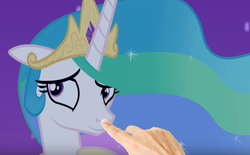 Size: 696x432 | Tagged: safe, edit, edited screencap, screencap, princess celestia, alicorn, pony, a royal problem, boop, boop edit, bronybait, cute, cutelestia, hand, happy, hnnng, meta, shy, sillestia, silly, silly pony, solo