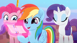 Size: 1366x768 | Tagged: safe, derpibooru import, screencap, pinkie pie, rainbow dash, rarity, earth pony, pegasus, pony, unicorn, rainbow roadtrip, balloon basket, discovery family logo, hot air balloon, levitation, magic, telekinesis