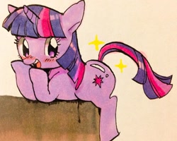 Size: 1024x819 | Tagged: safe, artist:hotomura, derpibooru import, twilight sparkle, unicorn twilight, unicorn, cute, female, leaning, mare, plot, shiny, solo, traditional art, twiabetes