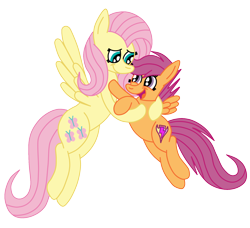 Size: 1936x1768 | Tagged: safe, artist:squipycheetah, fluttershy, scootaloo, pegasus, pony, crusaders of the lost mark, alternate cutie mark, cute, cutealoo, cutie mark, duo, female, filly, floating, flying, happy, hug, looking down, looking up, mare, open mouth, raised hoof, scootalove, shyabetes, simple background, sisters, small wings, smiling, spread wings, the cmc's cutie marks, transparent background, vector