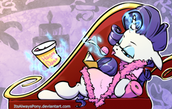 Size: 3000x1900 | Tagged: safe, artist:itsalwayspony, rarity, pony, unicorn, bathrobe, book, clothes, fainting couch, female, food, furniture, glowing horn, horn, häagen-dazs, ice cream, implied pun, implied rainbow dash, magic, mare, robe, spoon, telekinesis