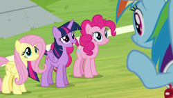 Size: 1920x1080 | Tagged: safe, derpibooru import, screencap, fluttershy, pinkie pie, rainbow dash, twilight sparkle, twilight sparkle (alicorn), alicorn, earth pony, pegasus, pony, 2 4 6 greaaat, buckball field, whistle