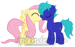 Size: 1024x649 | Tagged: safe, artist:splender-fire, fluttershy, oc, oc:lightning bolt, pegasus, pony, canon x oc, eyes closed, flutterbolt, kissing, shipping, simple background, spread wings, transparent background, watermark