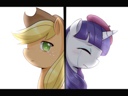 Size: 1024x768 | Tagged: safe, artist:shouyu musume, applejack, rarity, earth pony, pony, unicorn, crying, duo, pixiv, sad