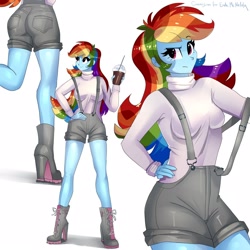 Size: 1600x1600 | Tagged: safe, artist:xjenn9, derpibooru import, rainbow dash, equestria girls, boots, breasts, butt, clothes, commissioner:endbringer99, hand on hip, high heel boots, high heels, overall shorts, overalls, rainboob dash, rainbutt dash, shoes, smiling, solo, strap slip