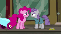 Size: 512x288 | Tagged: safe, edit, edited screencap, screencap, maud pie, pinkie pie, earth pony, pony, the gift of the maud pie, animated, discovery family, discovery family logo, hug, image macro, meme, reaction image, text
