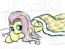 Size: 2000x1500 | Tagged: safe, artist:gamijack, fluttershy, pegasus, pony, bed, blanket, prone, solo