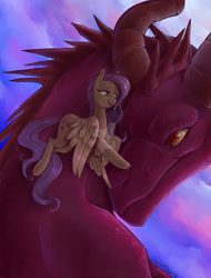 Size: 1600x2106 | Tagged: safe, artist:glacierclear, fluttershy, dragon, pegasus, pony, print, watermark