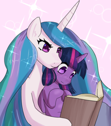 Size: 5022x5714 | Tagged: safe, artist:acharmingpony, princess celestia, twilight sparkle, twilight sparkle (alicorn), alicorn, pony, absurd resolution, blushing, book, female, lesbian, mare, reading, shipping, twilestia