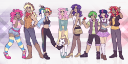 Size: 4960x2500 | Tagged: safe, artist:kikirdcz, applejack, fluttershy, pinkie pie, rainbow dash, rarity, spike, sunset shimmer, twilight sparkle, human, alternate hairstyle, applejack's hat, armpits, ball, belly button, belt, book, clothes, converse, cowboy hat, dark skin, dress, ear piercing, earring, eyeshadow, fingerless gloves, flannel, flower, gloves, hat, high heels, hoodie, humanized, implied shipping, implied sparity, implied straight, jewelry, makeup, mane seven, mane six, midriff, pants, piercing, ponytail, rose, scarf, shoes, shorts, simple background, skirt, sleeveless, sleeveless hoodie, smiling, socks, sports bra, stetson, stockings, straw in mouth, striped socks, sweatpants, thigh highs, white background