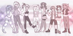 Size: 4096x2065 | Tagged: safe, alternate version, artist:kikirdcz, applejack, fluttershy, pinkie pie, rainbow dash, rarity, spike, sunset shimmer, twilight sparkle, human, alternate hairstyle, applejack's hat, armpits, ball, belly button, belt, book, clothes, converse, cowboy hat, dark skin, dress, ear piercing, earring, eyeshadow, fingerless gloves, flannel, flower, gloves, hat, high heels, hoodie, humanized, implied shipping, implied sparity, implied straight, jewelry, makeup, mane seven, mane six, midriff, pants, piercing, ponytail, rose, scarf, shoes, shorts, simple background, skirt, sleeveless, sleeveless hoodie, smiling, socks, sports bra, stetson, stockings, straw in mouth, striped socks, sweatpants, thigh highs, white background