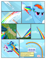 Size: 612x792 | Tagged: safe, artist:newbiespud, derpibooru import, edit, edited screencap, screencap, misty fly, rarity, soarin', spitfire, pegasus, pony, unicorn, comic:friendship is dragons, sonic rainboom (episode), clothes, cloud, cloudsdale, comic, dialogue, falling, female, floppy ears, flying, goggles, grin, holding a pony, hooves, horn, implied pinkie pie, looking back, male, mare, ponies riding ponies, rainbow, screencap comic, smiling, sonic rainboom, stallion, uniform, wings, wonderbolts, wonderbolts uniform