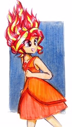 Size: 2146x3816 | Tagged: safe, artist:liaaqila, sunset shimmer, equestria girls, adventure time, alternate hairstyle, clothes, dress, eye clipping through hair, female, fiery shimmer, fire, flame princess, smiling, solo