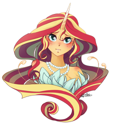 Size: 1280x1331 | Tagged: safe, artist:happypaca, sunset shimmer, equestria girls, bare shoulders, beautiful, blushing, breasts, bust, cleavage, cute, ear piercing, earring, female, horn, horned humanization, jewelry, looking at you, necklace, pearl necklace, piercing, shimmerbetes, simple background, solo, transparent background