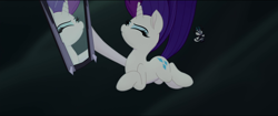 Size: 1920x808 | Tagged: safe, screencap, rarity, storm king, pony, unicorn, my little pony: the movie, bobblehead, eyes closed, falling, female, mare, mirror, narcissism, rarity being rarity, solo, toy