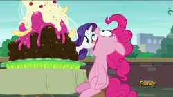 Size: 1280x720 | Tagged: safe, screencap, pinkie pie, rarity, earth pony, pony, unicorn, the gift of the maud pie, discovery family logo, food, ice cream, open mouth, sundae, tongue out