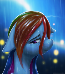 Size: 2991x3387 | Tagged: safe, artist:moondreamer16, derpibooru import, rainbow dash, pegasus, pony, blurry background, bust, crying, female, floppy ears, glare, high res, hurt/comfort, looking back, mare, portrait, rain, sad, solo, wet, wet mane