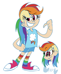 Size: 667x800 | Tagged: safe, artist:mirabuncupcakes15, derpibooru import, rainbow dash, human, alternate hairstyle, bust, clothes, converse, female, grin, humanized, ponytail, rainbow socks, shoes, shorts, simple background, smiling, socks, solo, striped socks, white background