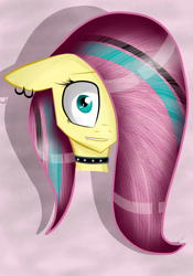 Size: 1732x2473 | Tagged: safe, artist:ponyjz, fluttershy, pegasus, pony, collar, emoshy, piercing, solo