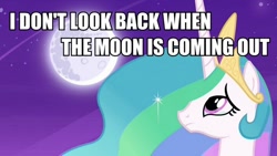 Size: 800x450 | Tagged: safe, edit, edited screencap, screencap, princess celestia, alicorn, pony, celestial advice, crying, female, image macro, mare, mare in the moon, meme, moon, night, solo