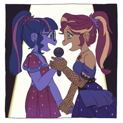 Size: 2048x2048 | Tagged: safe, artist:chapaghettii, sci-twi, sunset shimmer, twilight sparkle, equestria girls, clothes, dress, female, fishnet stockings, holding hands, lesbian, microphone, ponytail, scitwishimmer, scrunchie, shipping, spotlight, sunsetsparkle