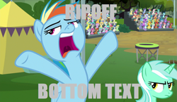 Size: 885x512 | Tagged: safe, derpibooru import, edit, edited screencap, screencap, button mash, doctor whooves, gallus, goldengrape, huckleberry, lucky charm (character), lyra heartstrings, november rain, rainbow dash, silverstream, sir colton vines iii, smolder, toffee swirl, pegasus, pony, the washouts (episode), annoyed, background pony, bottom text, dashie hates ripoffs, friendship student, impact font, lyra is not amused, quality, unamused